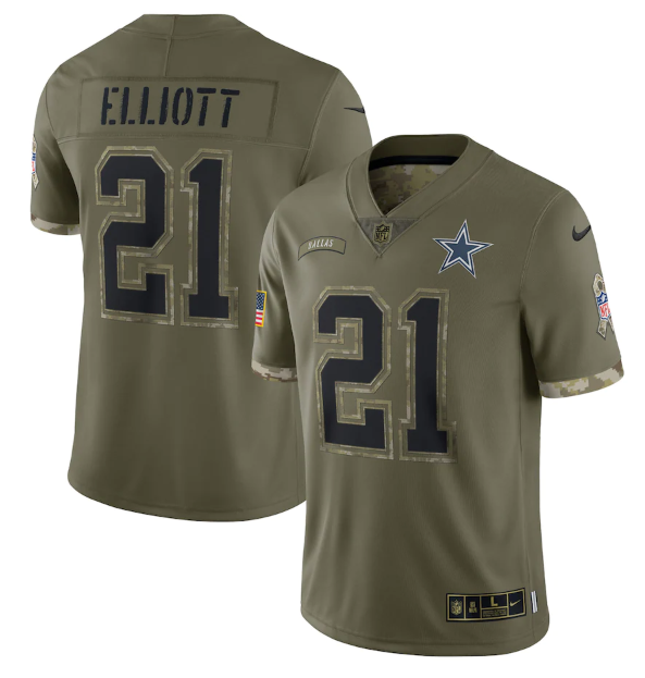 Men's Dallas Cowboys #21 Ezekiel Elliott Olive 2022 Salute To Service Limited Stitched Jersey Men's Dallas Cowboys #21 Ezekiel Elliott Olive 2022 Salute To Service Limited Stitched Jersey